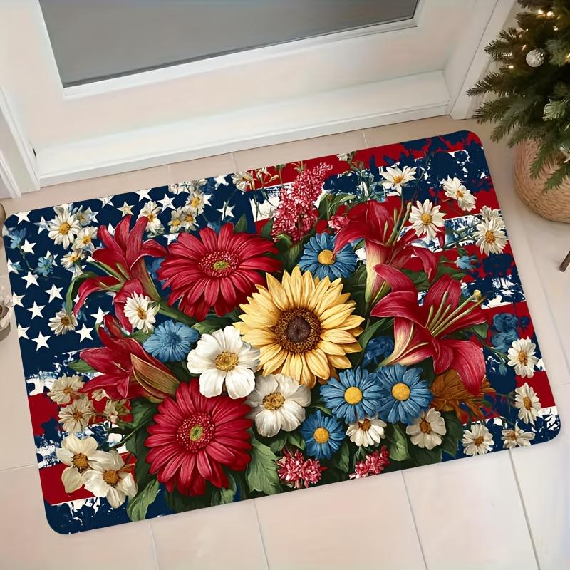 1pc American Flag Suitable for Entryway Non-Slip Absorbent with Sunflower/Lily/Daisy Floral, Machine Washable Soft Floor Mat Suitable for Foyer, Bedro