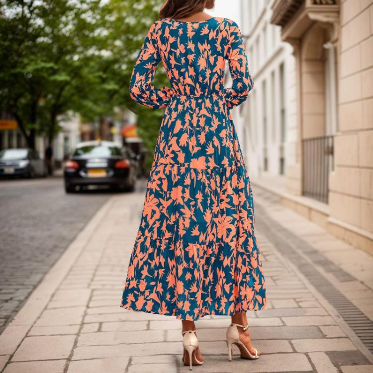 Vestido Maxi Floral Manga Longa Decote V Boêmio Vestido para Convidada de Casamento Casual Feminino