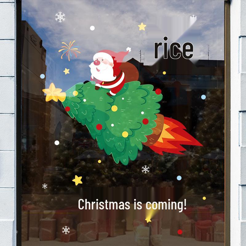 Christmas Santa Claus Window Cling Sticker - Mall Decor Scene, Static Glass Sticker for Door and Window