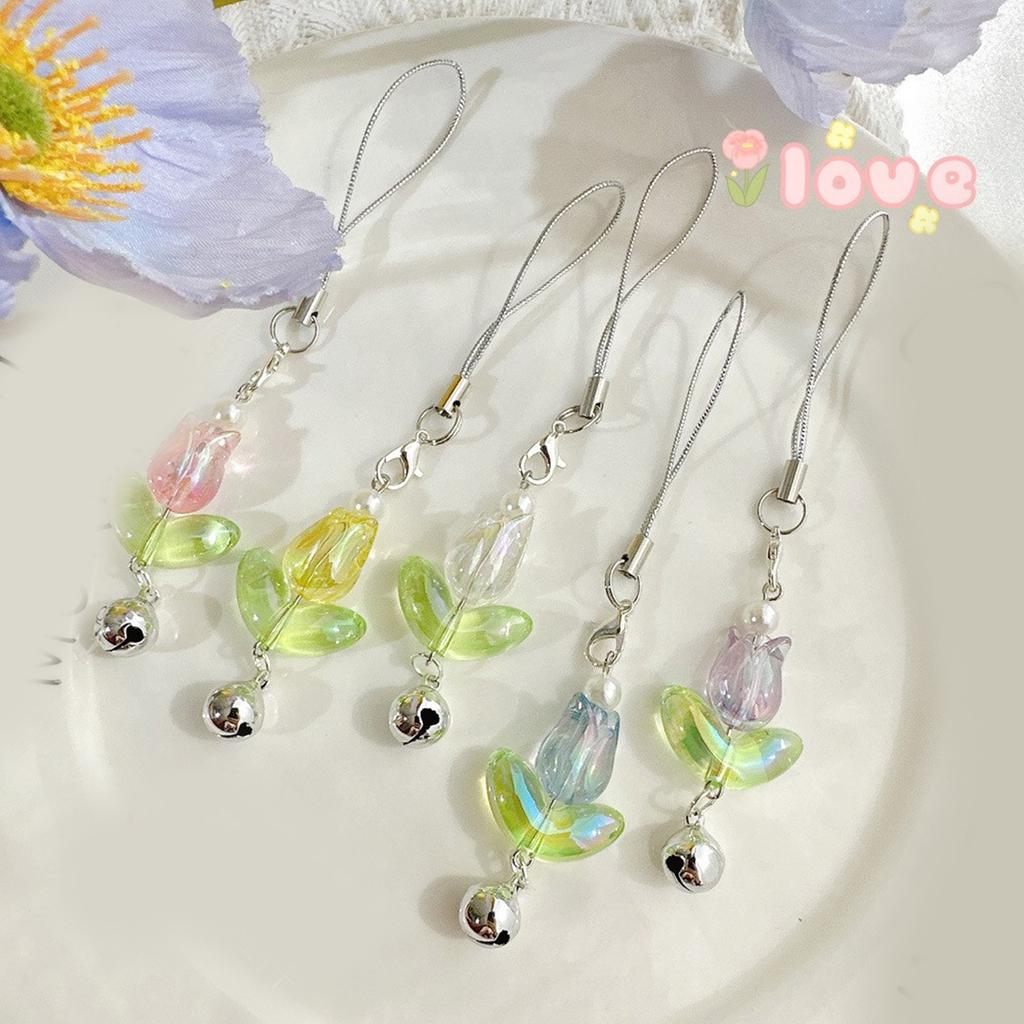 Sweet Tulip Flower Bell Phone Charm Straps Car Key Hangings Pendants Fashion Bag Decoration Lanyard Purse Accessories