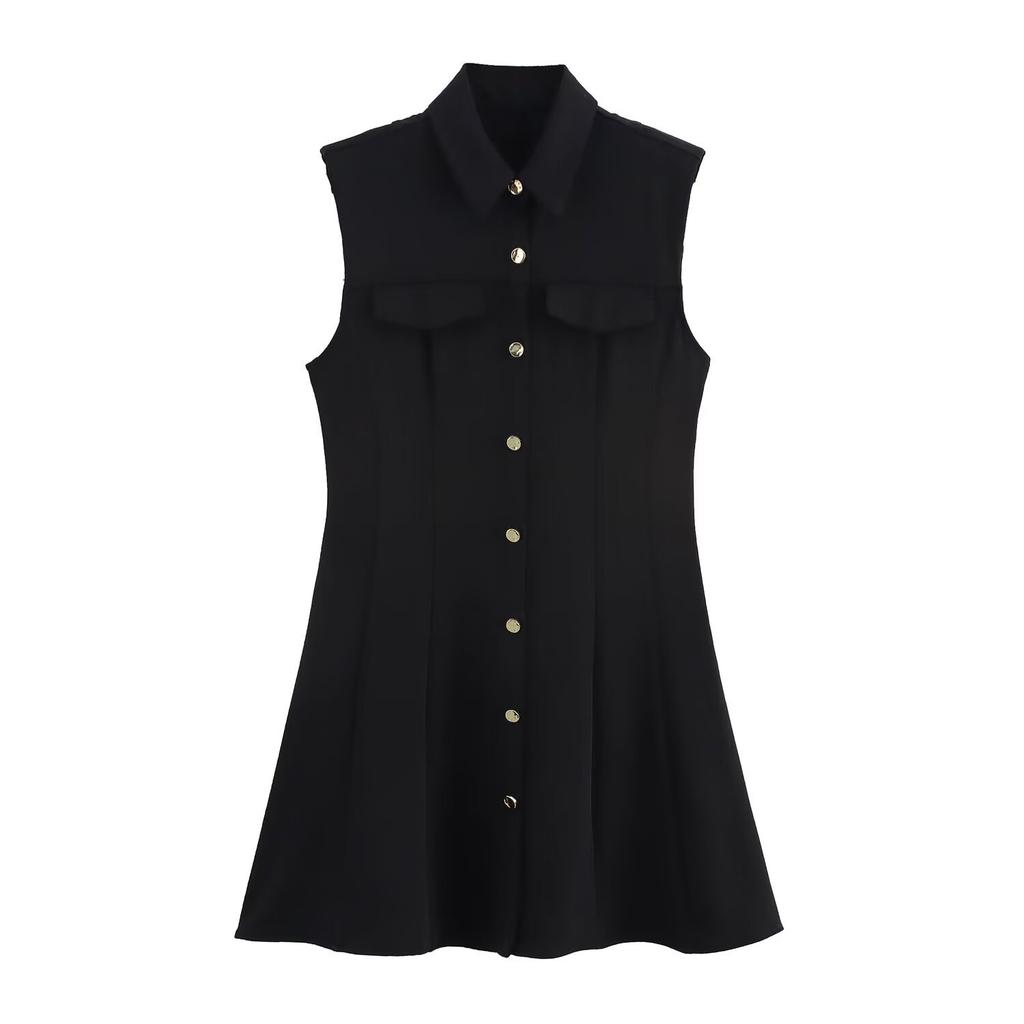 Women's Lapel Collar Sleeveless Slim Fit Mini Dress with Shoulder Pad Casual Work Dress