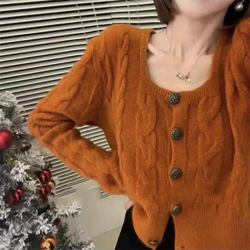 French small fragrant style square neck twist sweater cardigan women's style short waist and thin top knitted sweater