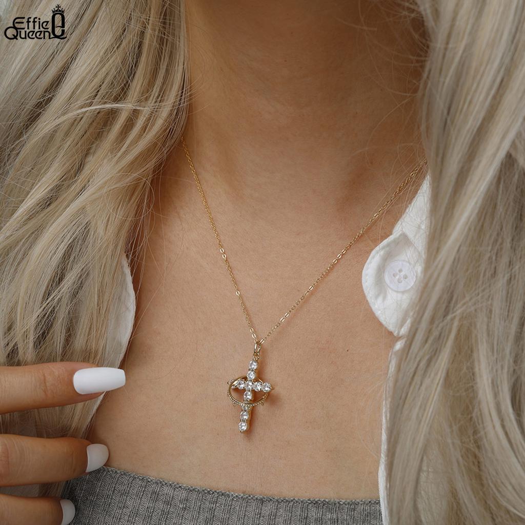 Effie Queen S925 Silver Cubic Zircon Inlaid Cross Pendant Necklace Jewelry for Women Dainty CZ Cross Clavicle Chain Gift SAPN52