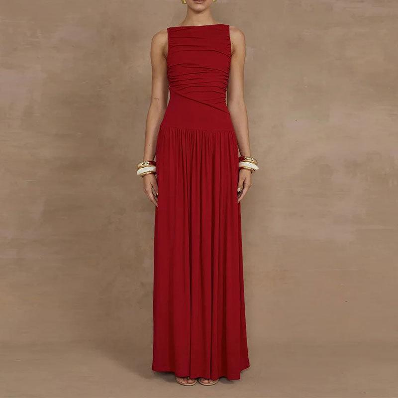 

2025 Women s European & American Spring Fashion: Elegant Solid Color Pleated Dress S