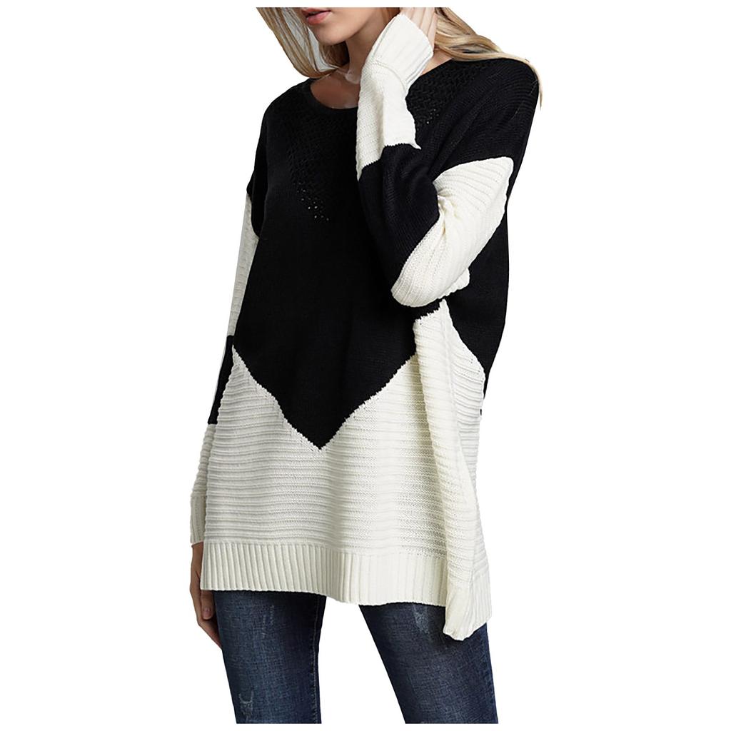 Women's Temperament Loose Round Neck Stitching Knitted Long-sleeved Sweater