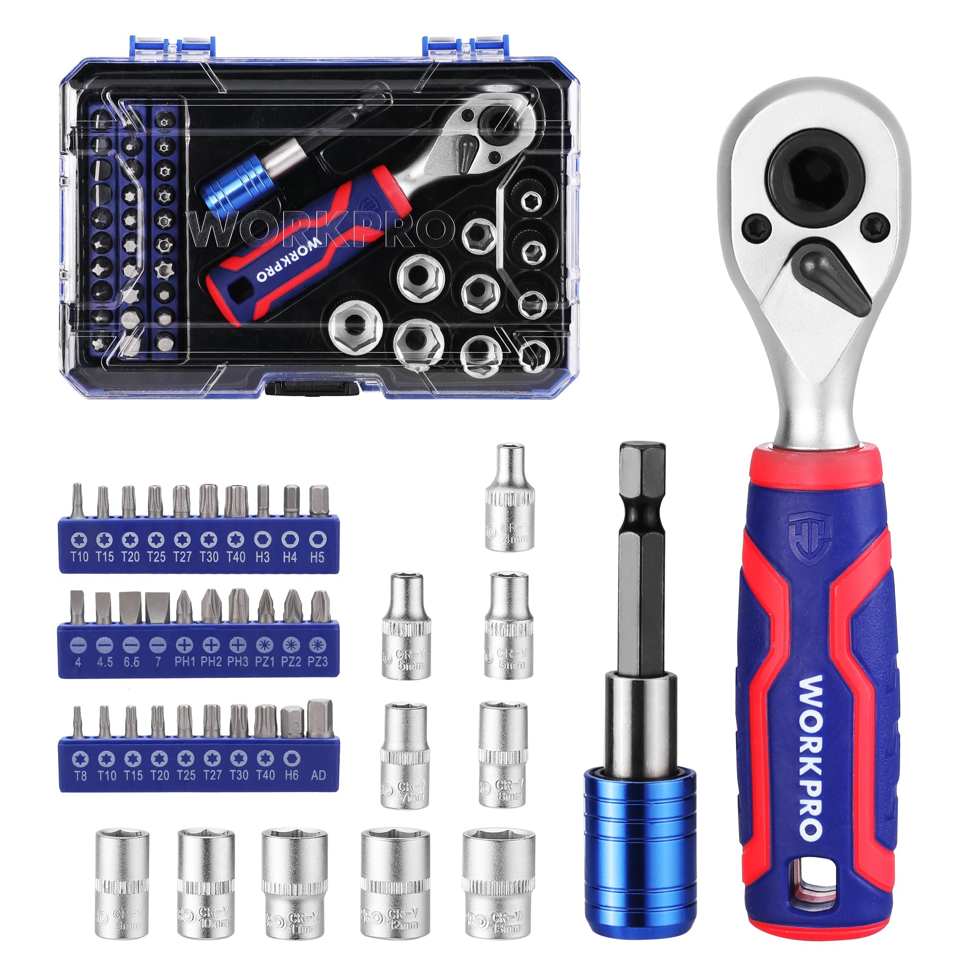 

WORKPRO Socket Wrench Bit Ratchet Ratchet Wrench and Ratchet Handle Set with Extension Bit and Storage Case for DIY Bicycle and Garage Use 42-Piece