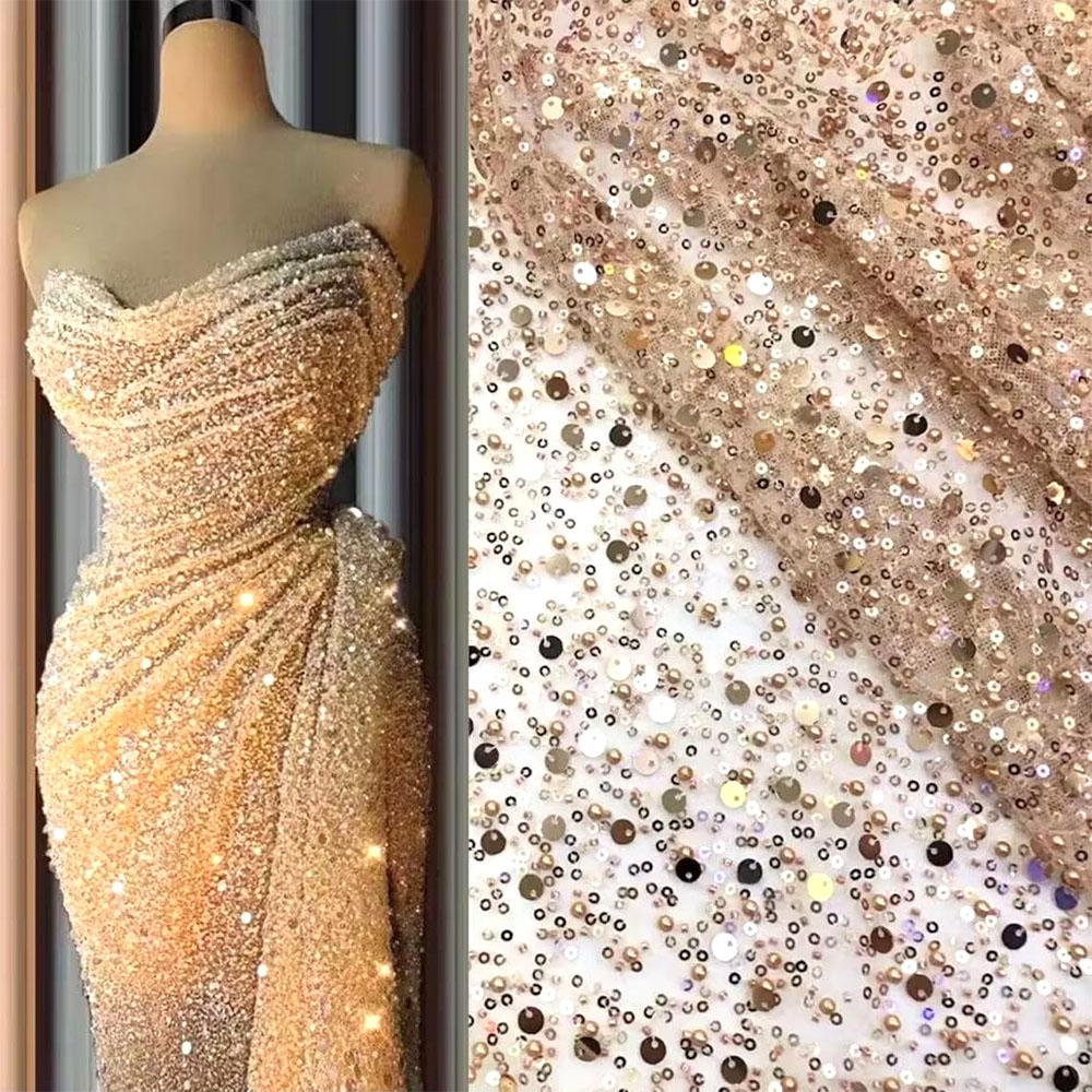 Tissu en Tulle Dentelle à Sequins 130x91cm Maille Scintillante Broderie Perles Lourdes pour Danse Tutu Jupe Couture Robe de Soirée Matériaux de Costume