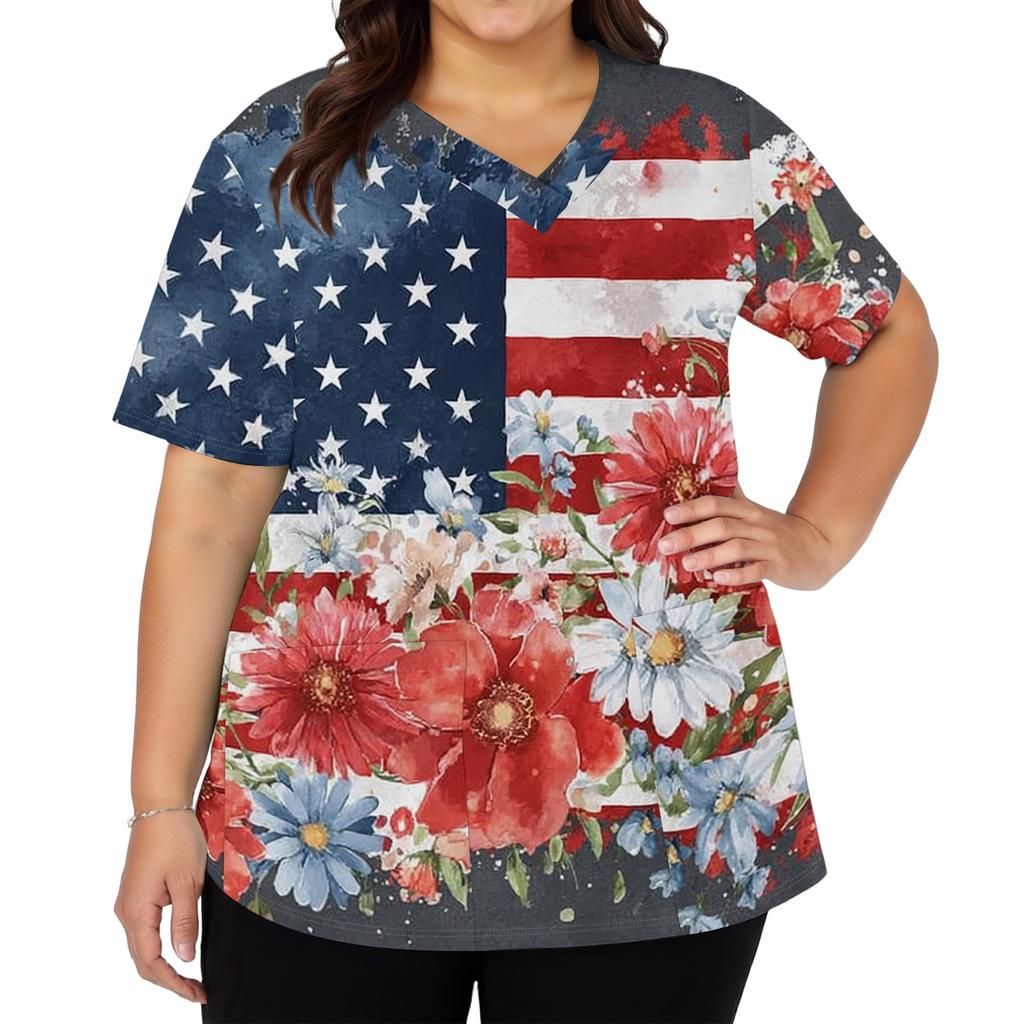 Women's Fashionable Casual Independence Day American Flag And Stars Print V-neck Short-Sleeved Work Shirt With Double Side Slits And Pockets