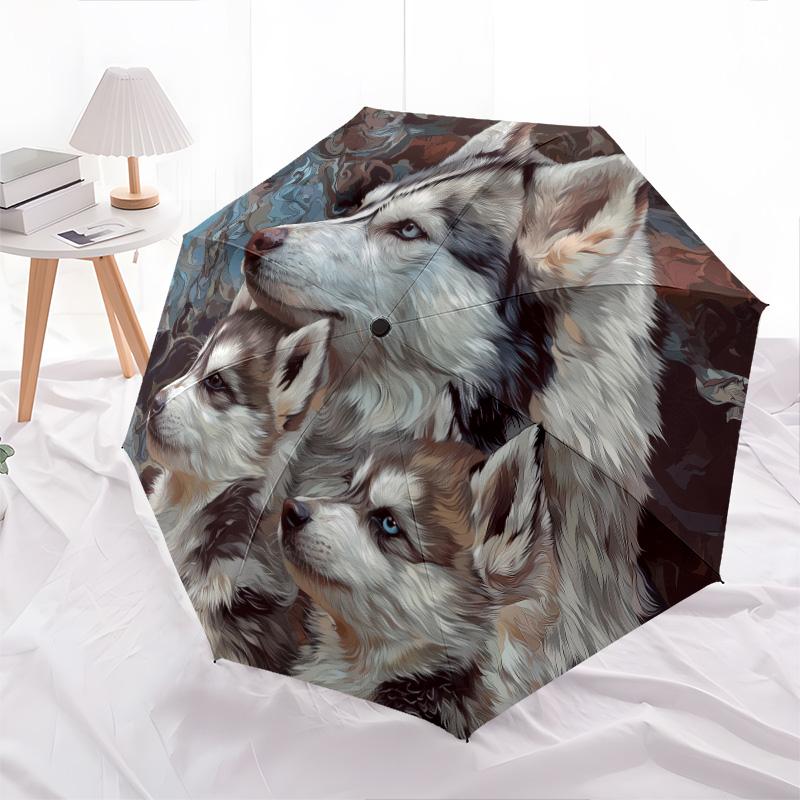 Three Wolves  Pattern, Automatic Folding Umbrella, Portable and Foldable Design, 8 Ribs, a Christmas or Birthday Gift.