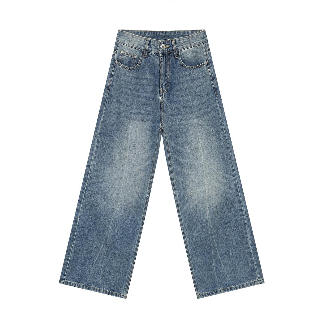 | Trendy washed cat whisker white loose straight jeans commuter daily