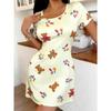 Women'S Round Neck Short Sleeve T-Shirt with Rose Print Sleeping Dress