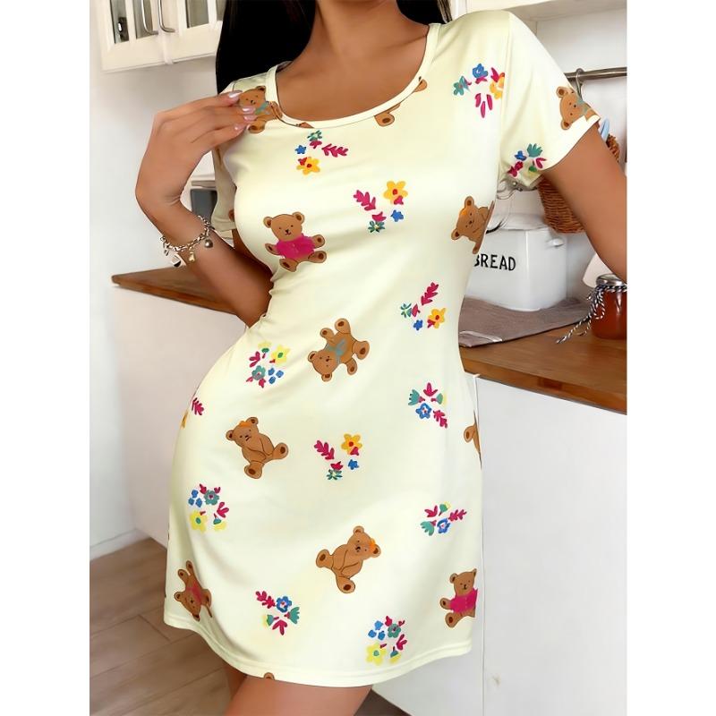 Women'S Round Neck Short Sleeve T-Shirt with Rose Print Sleeping Dress
