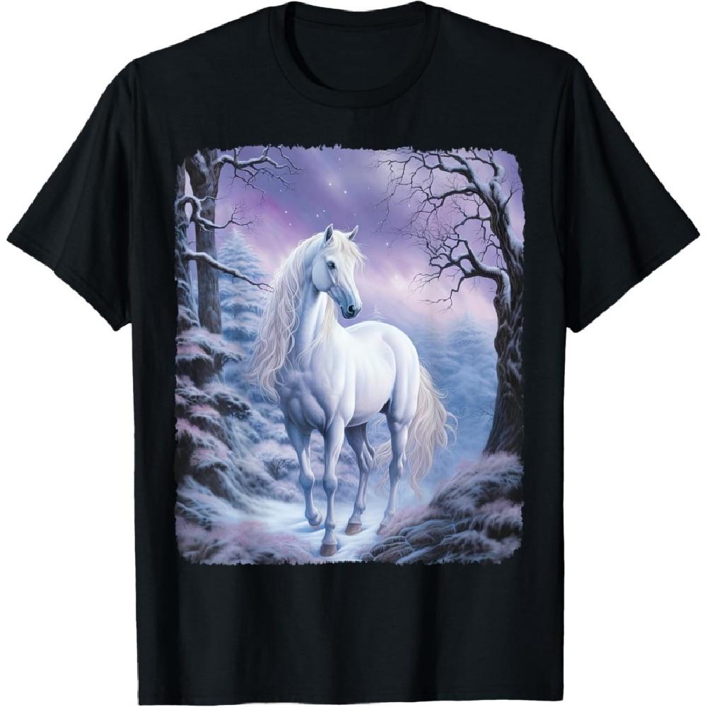 

Beautiful white Horse standing in a snowy forest by night T-Shirt(1) S