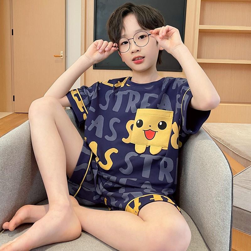 100% Cotton Boys Pajama Set Short Sleeve Shorts Sleepwear Kids Teens Comfortable Breathable Home Wear