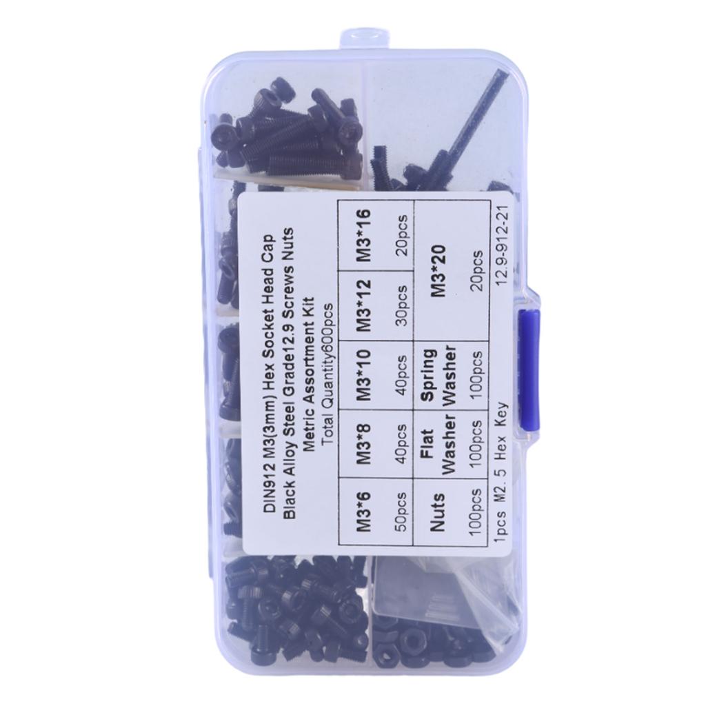 Comprehensive Hexagonal Screws with Nuts & Washers Carbon Steel Hardware Set Hexagon Socket Threaded Screws set 600pcs