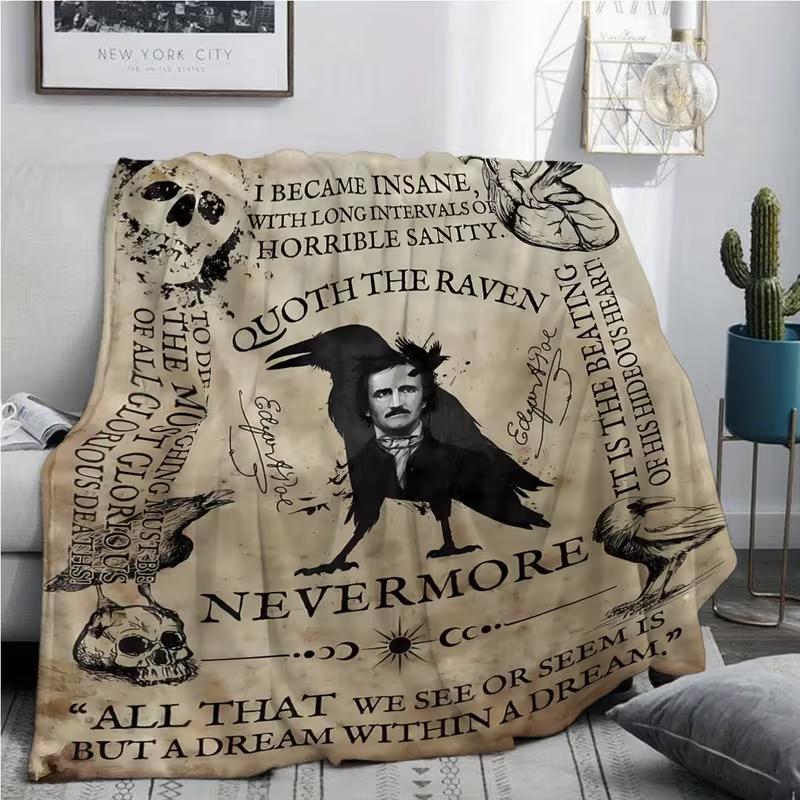 Edgar Allan Poe The Raven Nevermore Gothic Flannel Blanket Horror Skull Print Throw for Bed Sofa