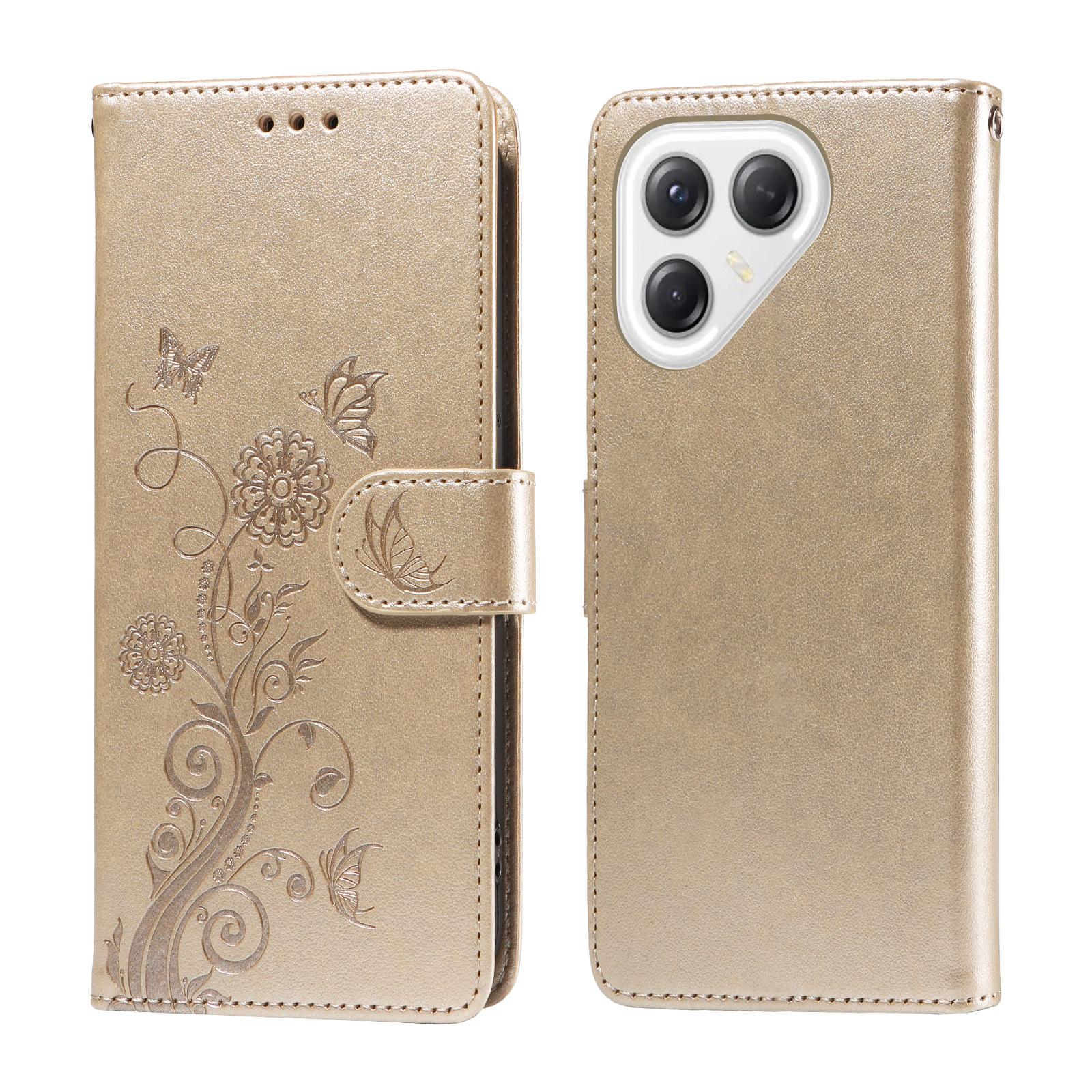 

For TECNO Pova 7 Ultra 5G Leather Case Butterfly Floral Imprint Wallet Stand Cover Golden