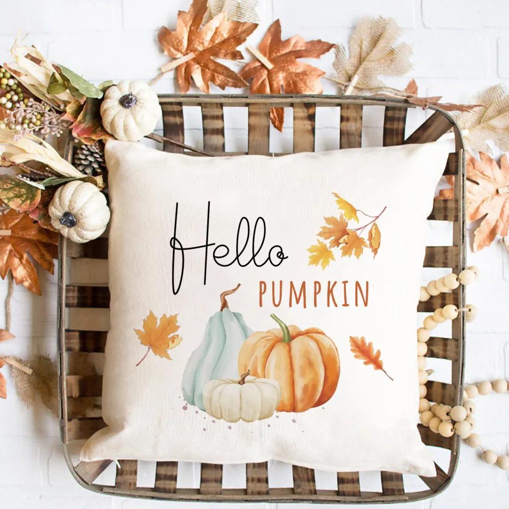 Hello Pumpkin Printed Pillow Case Autumn Party Decor Home Cushion Cover Fall Holiday Pillowcase Thanksgiving Halloween Best Gift