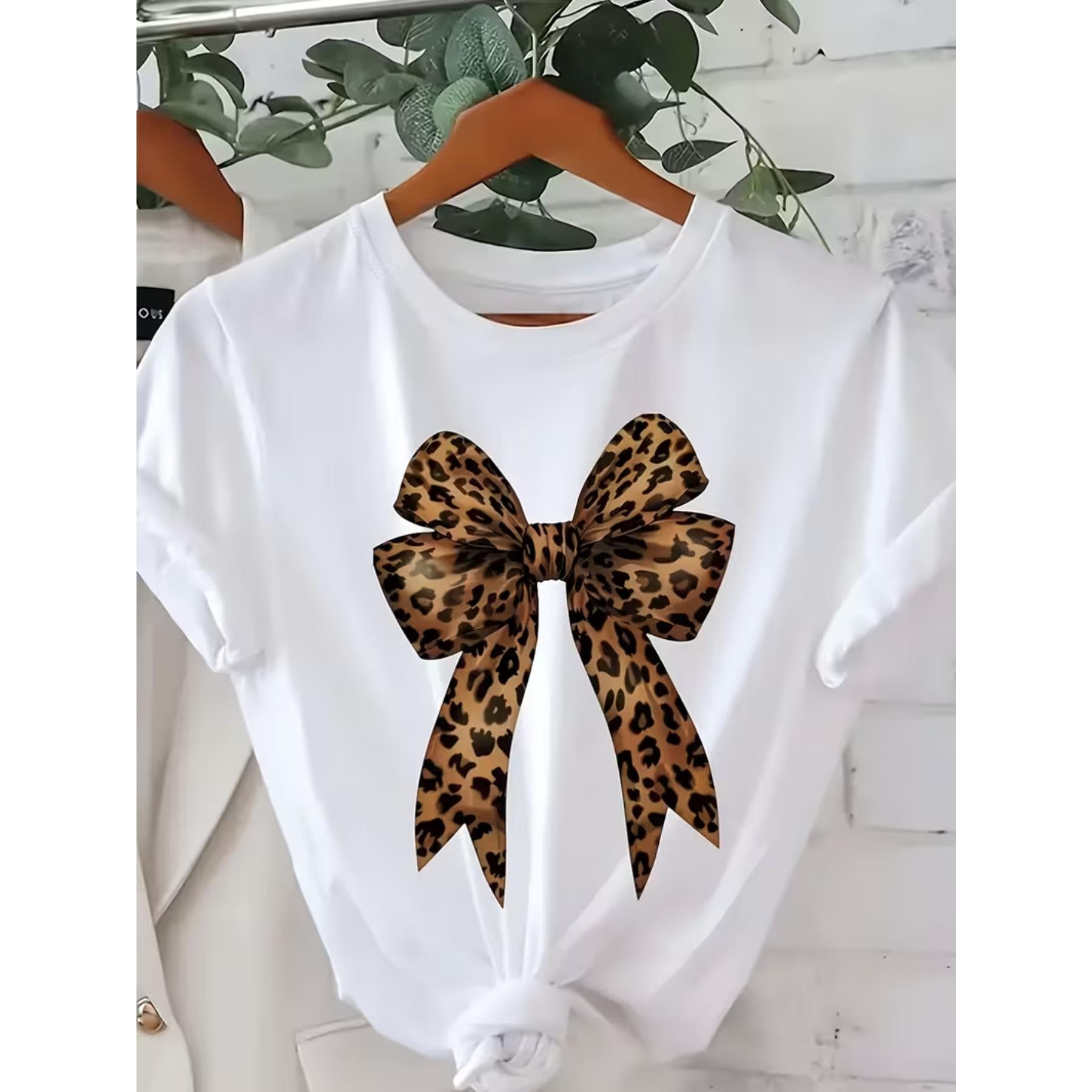 

Women s Casual White T-Shirt with Leopard Print Bow Design - Short Sleeve Round Neck All-Season Top XXL білий