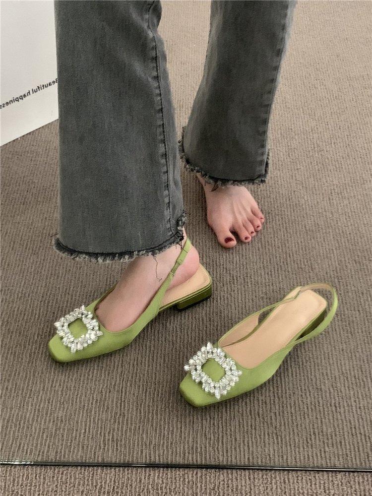 High Heel Sandals Thick Heeled Women's 2024 Summer New Square Button Rhinestone Fairy Style French Square Toe Single Shoes