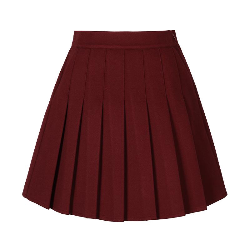 Khaki Vlněná A-line Skládaná Sukně s Vysokým Pasem pro Podzim Zimu - Dámská Krátká Sukně