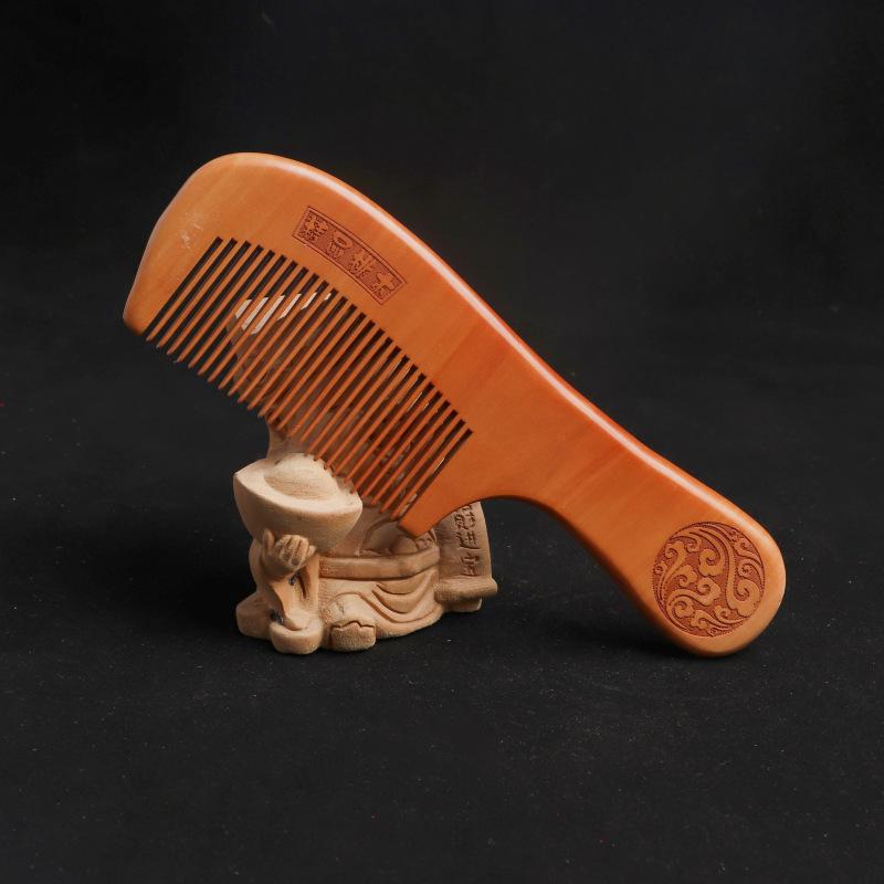 Solid Wood Moon Comb: Peach Wood Carved Straight Hair Comb, Portable and Scalp Massaging with Custom Logo/Gift Text.