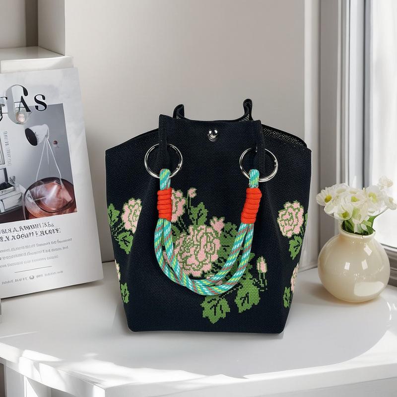 

Knitted Tote with Woven Ring Buckle, 3D Magnetic Snap Handbag & Clutch