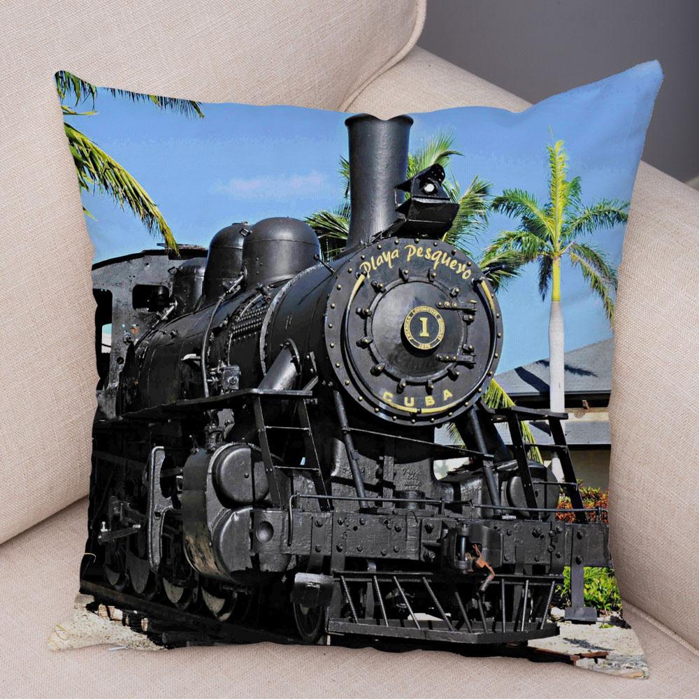 Pillowcase Vintage Style Steam Train Decor Retro Colorful Car Cushion Cover