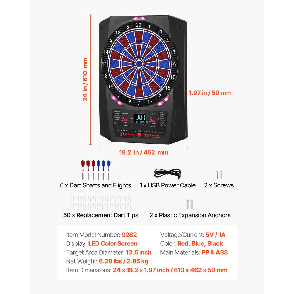 SucceBuy 13.5inch Electronic Dart Board 45 Games 474 Variations 8 Players 6 Darts 50 Soft Tips LED Scoring for Home Party Bar