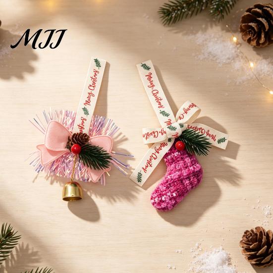 Holiday Party Supplies Christmas Ornament, Sock Shaped/Tinsel Bell Hanging Decoration with Pine Branch Fabric Stocking Pendants Red Berry, Bow Pendant