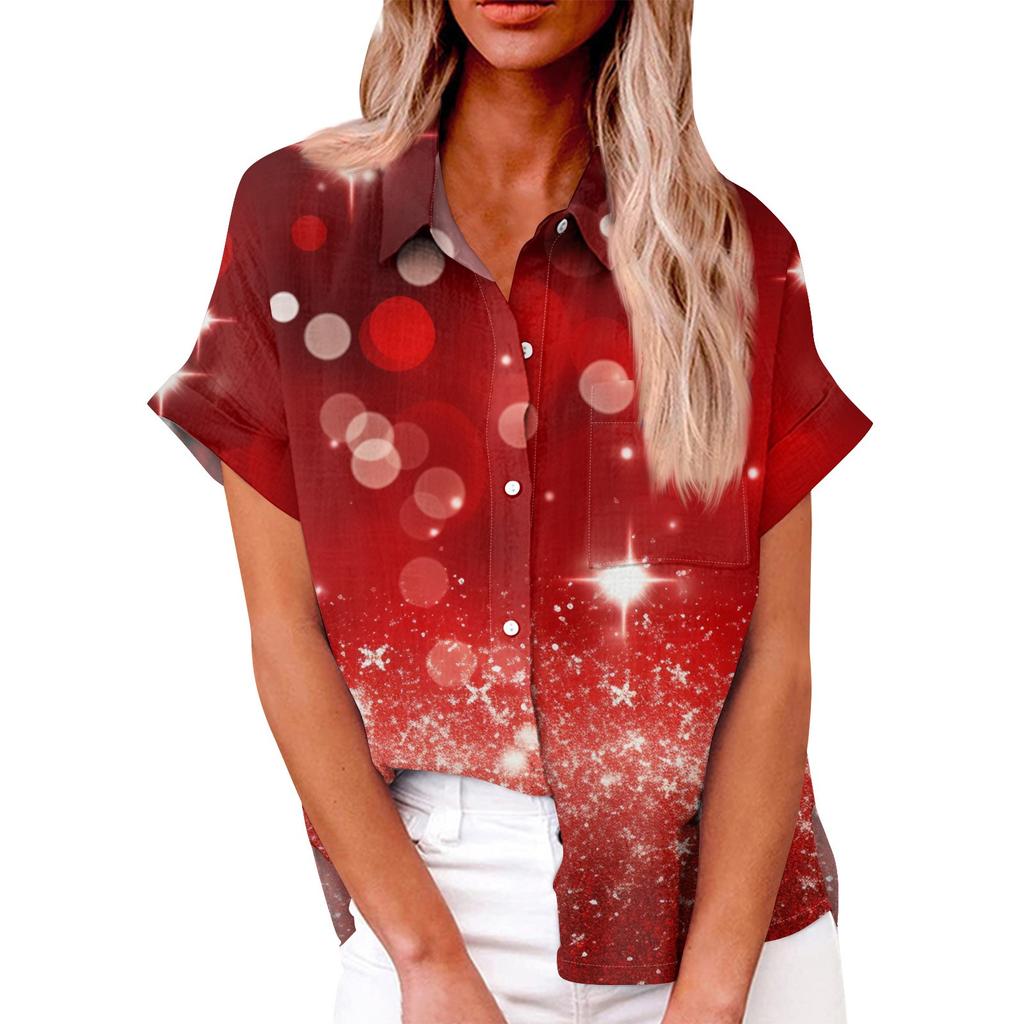 Damă, lejer, lejer, cu mâneci scurte, cu nasturi cu rever, cu imprimeu digital, cu cămașă de top cu buzunar