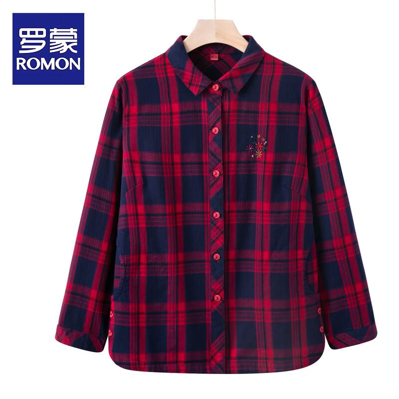 ROMON Women s Embroidered Plaid Cotton Shirt 5XL