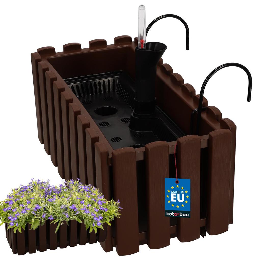 Flowerpot Balcony Terrace Box with Hooks Irrigation System Brown 40cm