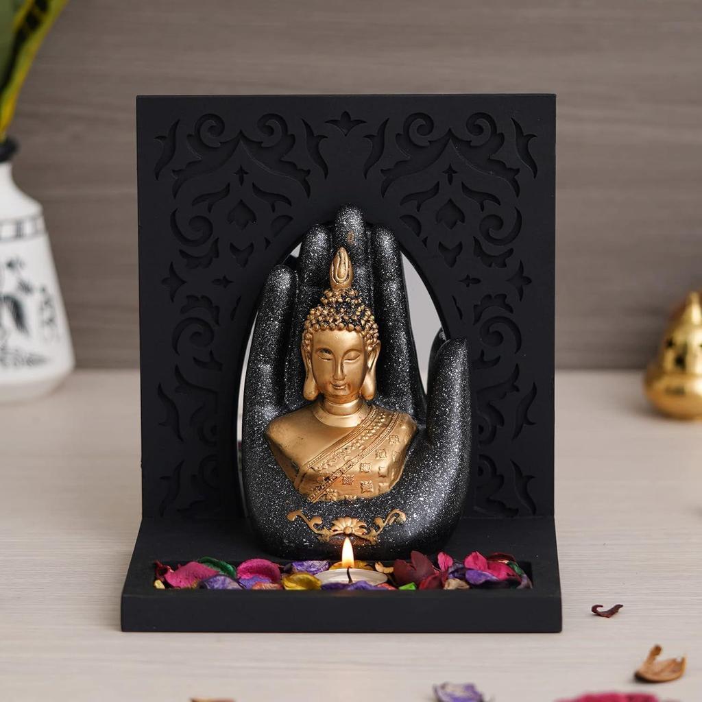 Grey Golden Resin Palm Lord Buddha Idol Tea Light Candle Holder| Gautam Buddha Statue Tea Light Holder Diwali Decoration Items