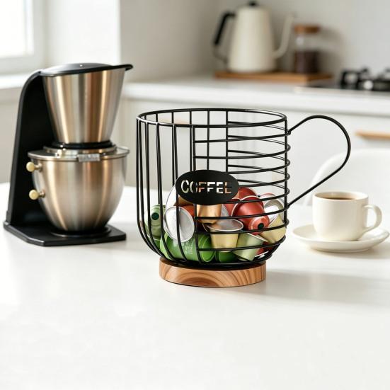 Metal Wire Cup Storage Basket with Wooden Base Coffee Mug Shape Hollow Out Organizer for Home Cafe Bar Countertop Kitchen Decor