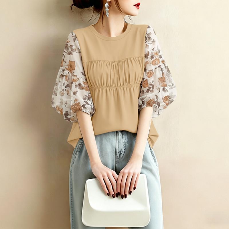 

ZANZEA Women Casual Round Neck Loose Floral Print Splice 3/4 Sleeve Blouse 5XL хакі