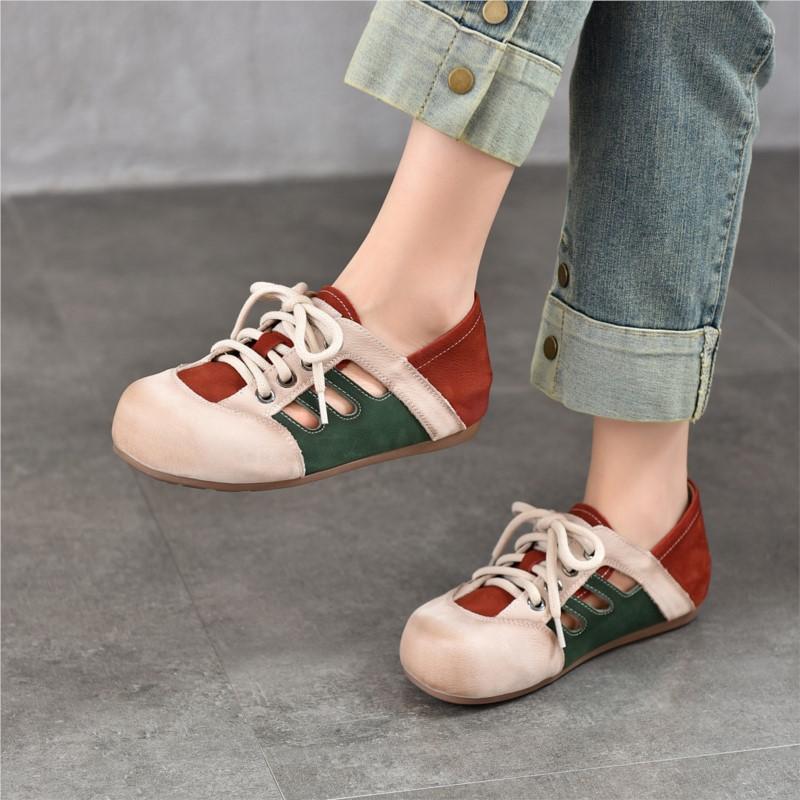 Johnature Mixed Colors Hollow-out Sandals Genuine Leather Lace Casual Flat Women's Shoes