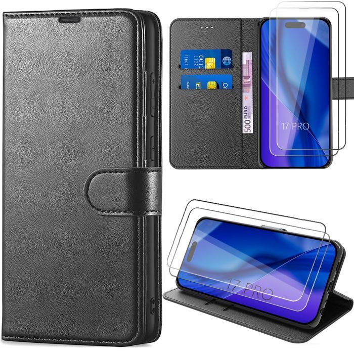 Case for iPhone 17 Pro - BOOLING - Synthetic Leather Protection with Card Holder Black - 2 Tempered Glass