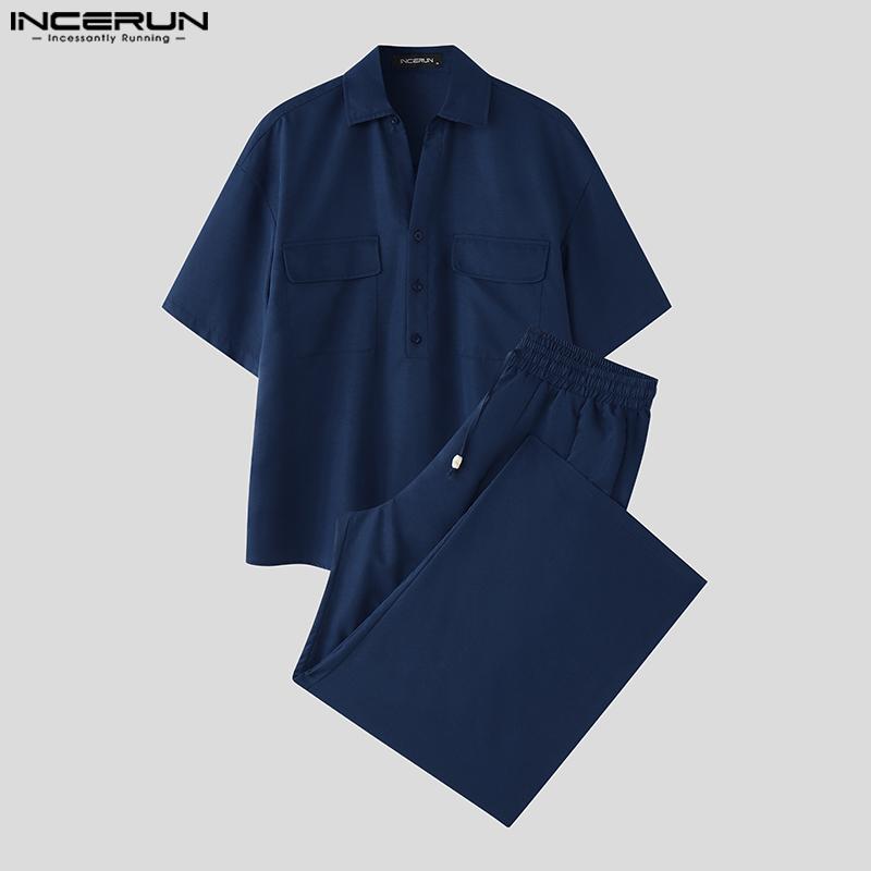 INCERUN Two Pieces Men Short Sleeve T-shirts Long Pants Casual Loungewear Sets