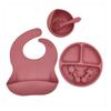 6 Pcs Baby Silicone Bib Divided Dinner Plate Suction Bowl Spoon Fork Set Training Feeding Food Utensil Dishes Tableware  Brick Red