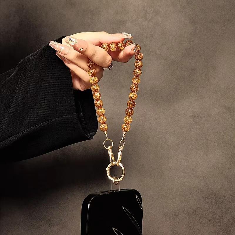 Amber Cracked Bead Phone Chain with Handmade Short Lanyard and Bag Charm