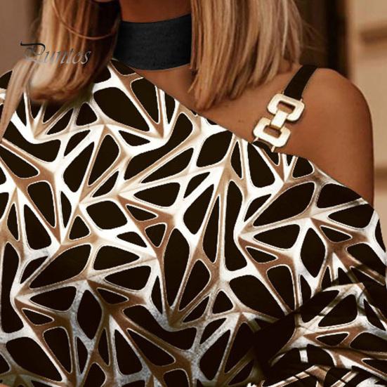 Autumn Blouse Women Top Long Sleeves Contrast Color Diagonal Collar Geo Printing Lady Spring Shirt One Shoulder Warm Elegant Chain for Shopping