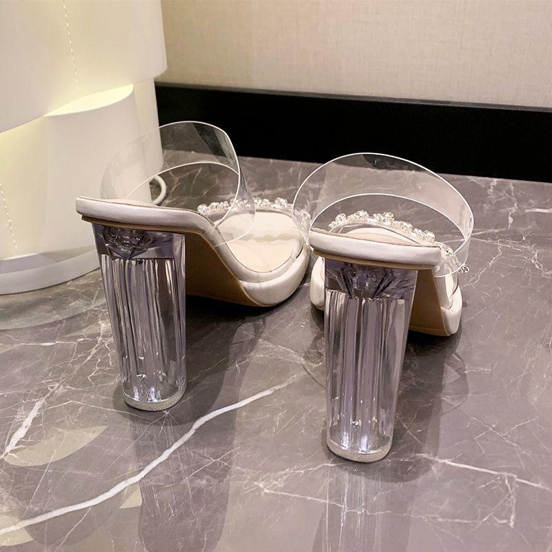Popular fashion high heels women's one-word drag wear summer year crystal cool slippers high sense