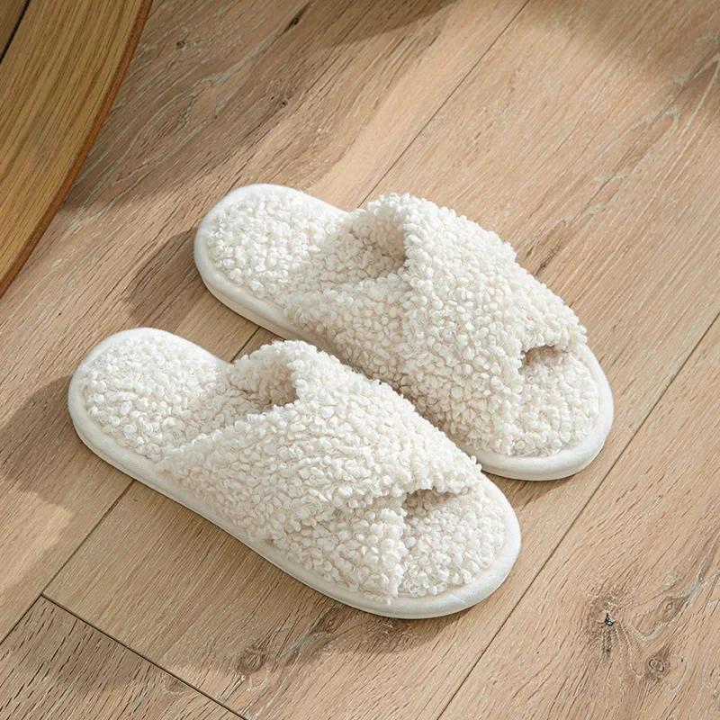 Fashion Fashion Cross Strap Fuzzy Slippers Women Indoor House Non Slip Warm Plush Woman Slippers Winter Comfort Soft Sole Cotton Slides