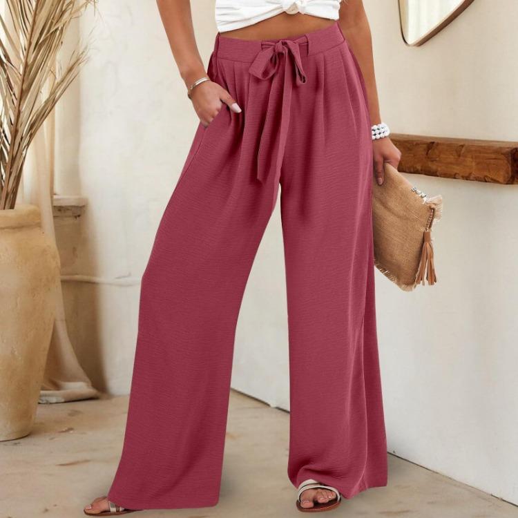 Summer Casual Cotton Linen Wide Leg Pants Ladies Solid Color S красный