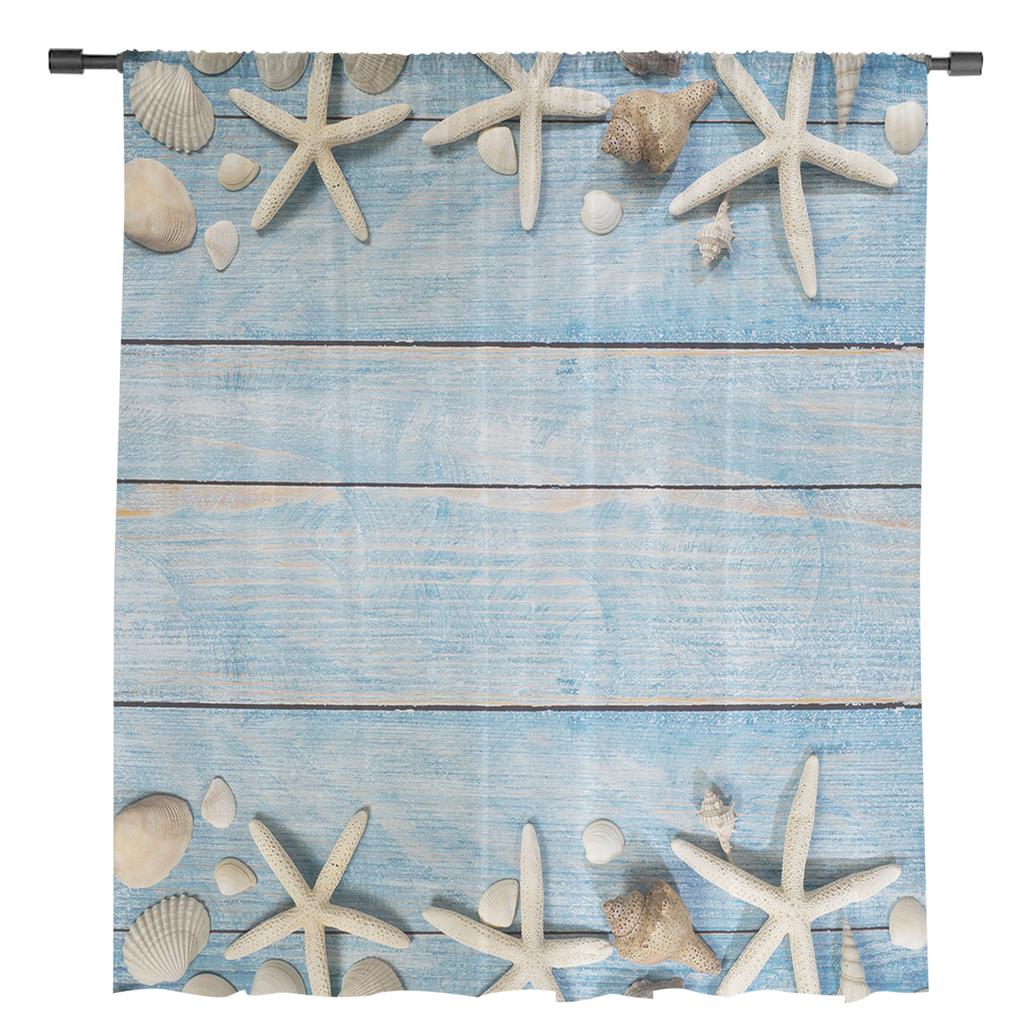 Beach Starfish Blue Wooden Texture Sheer Curtains for Living Room Decoration Window Curtains Kitchen Tulle Voile Curtains