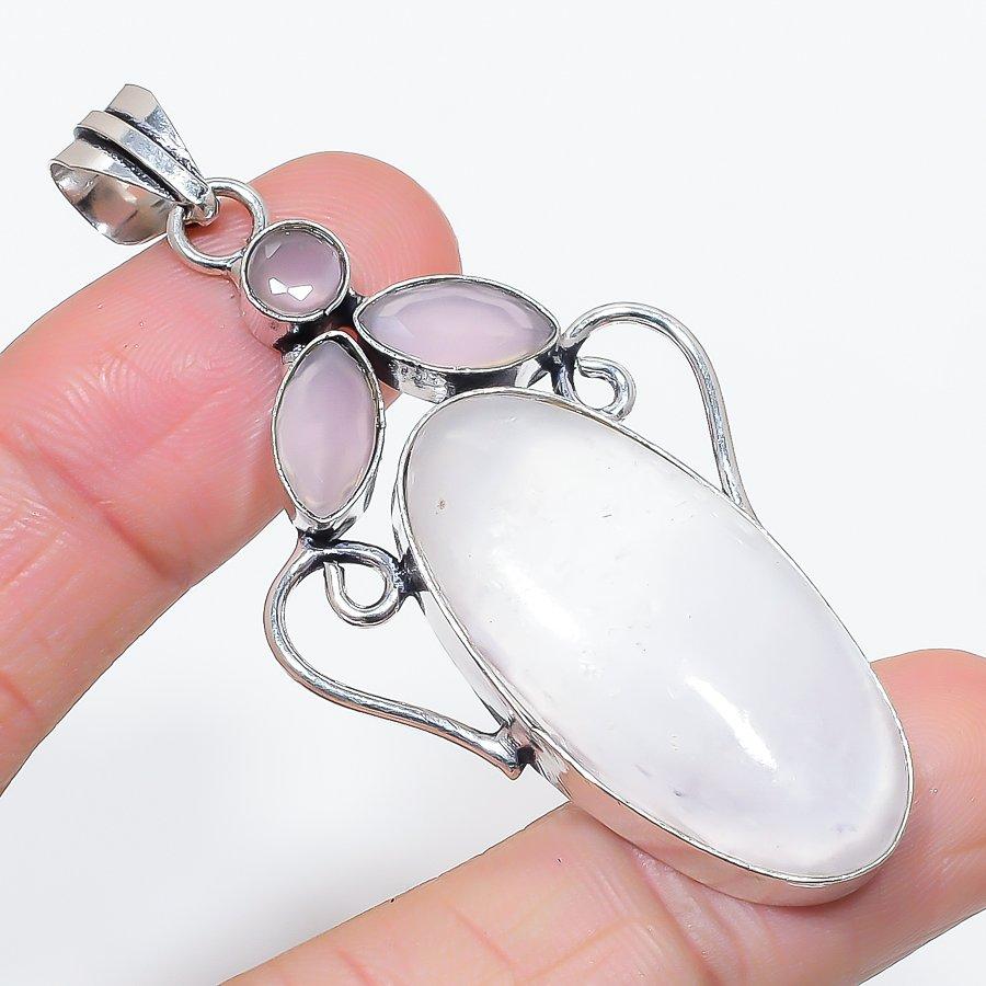 Natural Selenite, Chalcedony 925 Sterling Silver Jewelry Pendant 2.68" f7v49