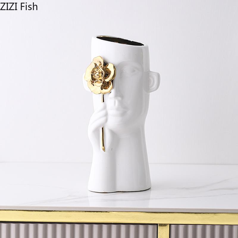 Gold-plated Relief Rose Ceramic Vase Character Flower Pot Desk Decoration Flower Arrangement Floral Vases Room Aesthetic Decor