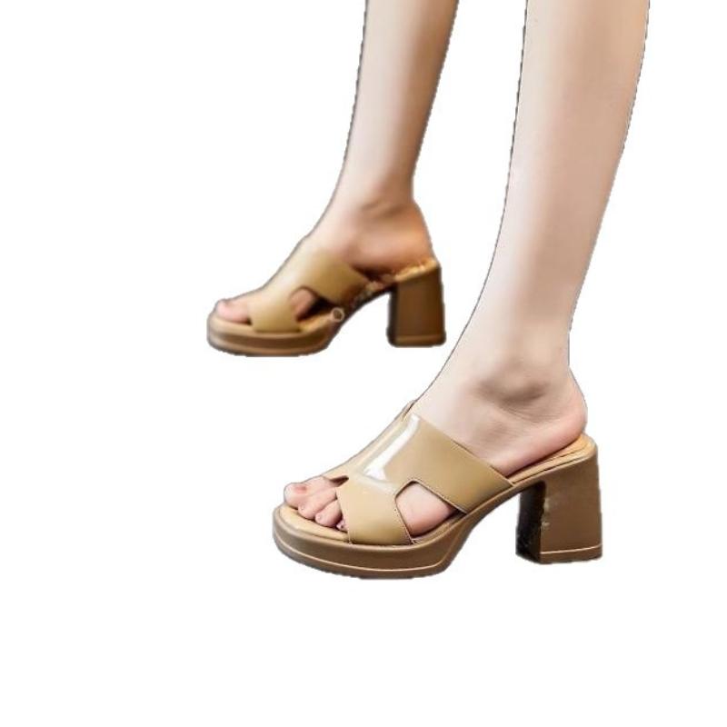 Sandali Estivi Coreani-Europei a Punta Aperta da Donna - Ciabatte alla Moda con Zeppa e Tacco Grosso con Cut-Out, Sandali Eleganti da Spiaggia con Tacco Alto