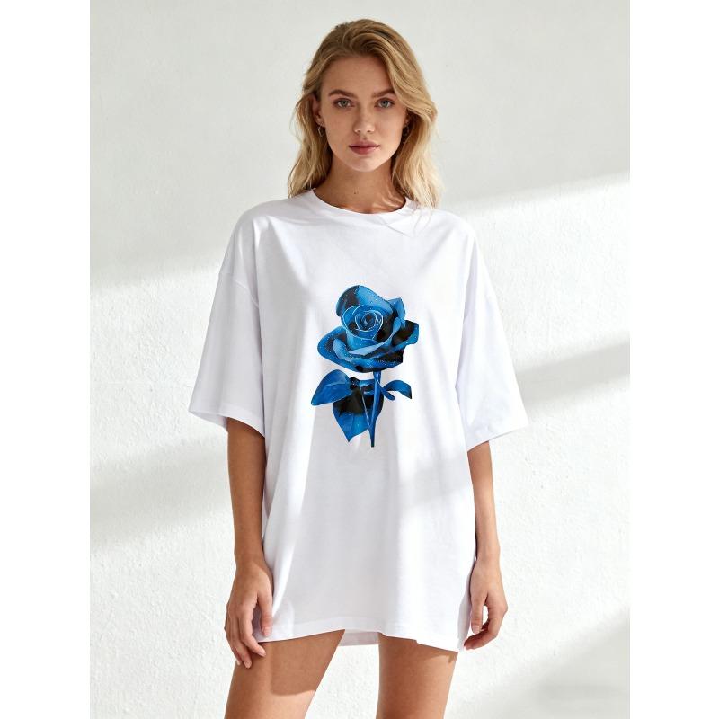 Oversized T Shirt Black Blue Rose Print Casual Wear For Women Summer Outfit Street Style Fashion Top